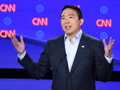 Democratic presidential hopeful US entrepreneur Andrew Yang delivers his opening statement