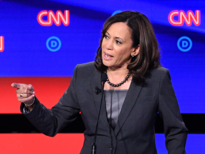 Democratic presidential hopeful US Senator from California Kamala Harris gestures as she s