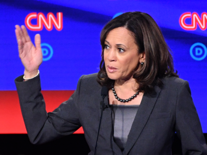 Democratic presidential hopeful US Senator from California Kamala Harris gestures as she s