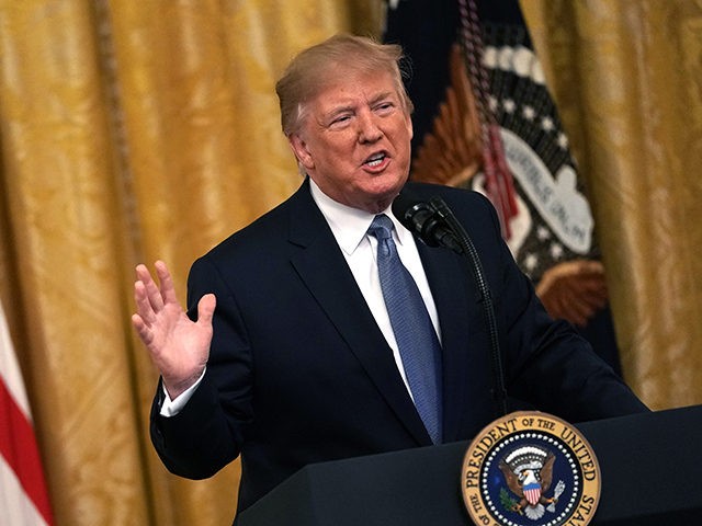 WASHINGTON, DC - JULY 08: U.S. President Donald Trump speaks during an East Room event on the environment July 7, 2019 at the White House in Washington, DC. President Trump delivered remarks on “his Administration’s environmental accomplishments of cleaner air and cleaner water, including helping communities across the Nation reduce …