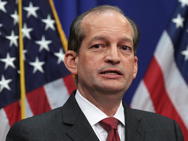 WASHINGTON, DC - JULY 10: U.S. Secretary of Labor Alex Acosta speaks during a press conference July 10, 2019 at the Labor Department in Washington, DC. Secretary Acosta discussed his role in the sexual abuse case of accused sex trafficker Jeffrey Epstein. (Photo by Alex Wong/Getty Images)