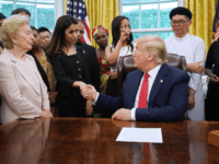 U.S. President Donald Trump shakes hands with Iraqi Yazidi human rights activist and Nobel Peace Prize winner Nadia Murad of Iraq while he hosts her and other survivors of religious persecution from 17 countries around the world in the Oval Office at the White House July 17, 2019 in Washington, …