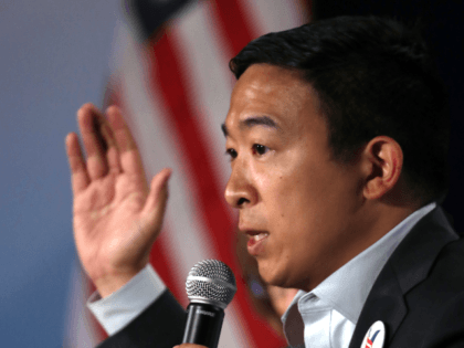 Democratic presidential hopeful Andrew Yang speaks during the AARP and The Des Moines Regi