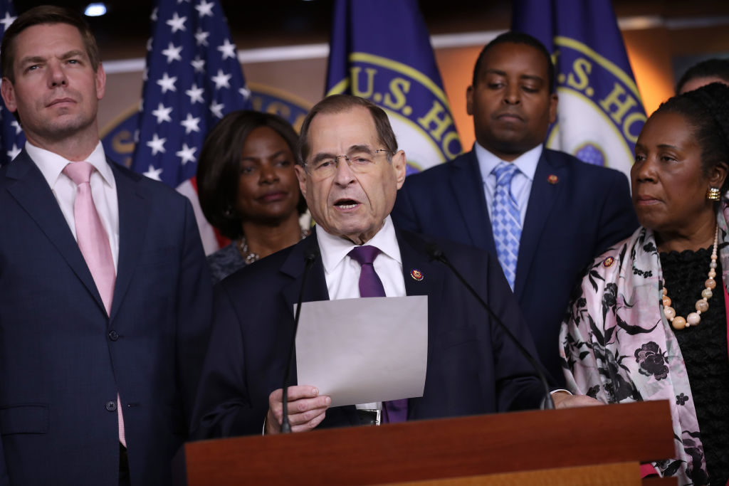 WASHINGTON, DC - JULY 26: House Judiciary Committee Chairman Jerrold Nadler (D-NY) (C) and fellow Democratic members of the committee (L-R) Rep. Eric Swalwell (D-CA), Rep. Val Butler Demings (D-FL), Rep. Joe Neguse (D-CO) and Rep. Shelia Jackson Lee (D-TX) hold a news conference about this week's testimony of former special counsel Robert Mueller July 26, 2019 in Washington, DC. Nadler said that the hearing was an 