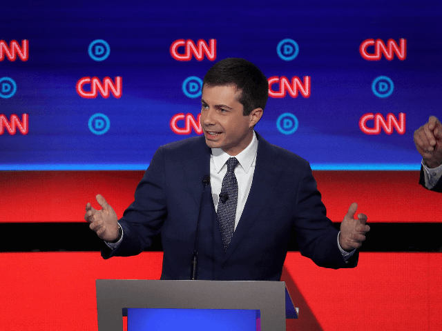 Democratic presidential candidate South Bend, Indiana Mayor Pete Buttigieg speaks during the Democratic Presidential Debate at the Fox Theatre July 30, 2019 in Detroit, Michigan. 20 Democratic presidential candidates were split into two groups of 10 to take part in the debate sponsored by CNN held over two nights at …