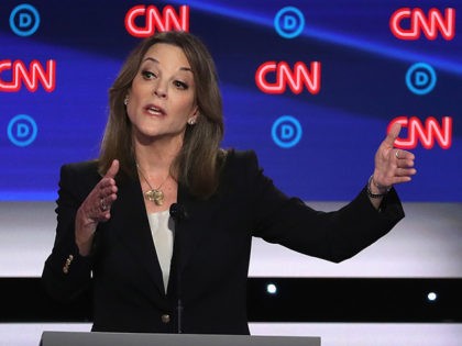DETROIT, MICHIGAN - JULY 30: Democratic presidential candidate Marianne Williamson speaks during the Democratic Presidential Debate at the Fox Theatre July 30, 2019 in Detroit, Michigan. 20 Democratic presidential candidates were split into two groups of 10 to take part in the debate sponsored by CNN held over two nights …