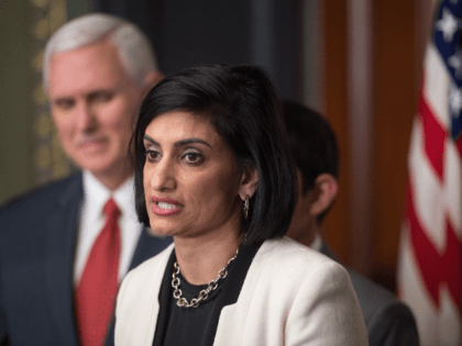 Seema Verma speaks after being sworn in as Administrator of the Centers for Medicare and Medicaid Services by US Vice President Mike Pence in Washington, DC, on March 14, 2017. / AFP PHOTO / NICHOLAS KAMM (Photo credit should read NICHOLAS KAMM/AFP/Getty Images)