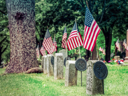 Flags on Union graves of Civil War veterans at a Wisconsin cemetery.