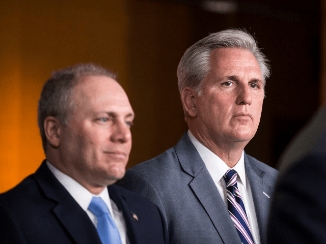 House Majority Leader Kevin McCarthy (R-CA) listens beside House Majority Whip Steve Scali