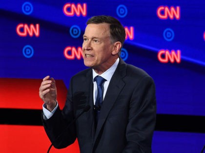 Democratic presidential hopeful former Governor of Colorado John Hickenlooper delivers his closing statement during the first round of the second Democratic primary debate of the 2020 presidential campaign season hosted by CNN at the Fox Theatre in Detroit, Michigan on July 30, 2019. (Photo by Brendan Smialowski / AFP) (Photo …