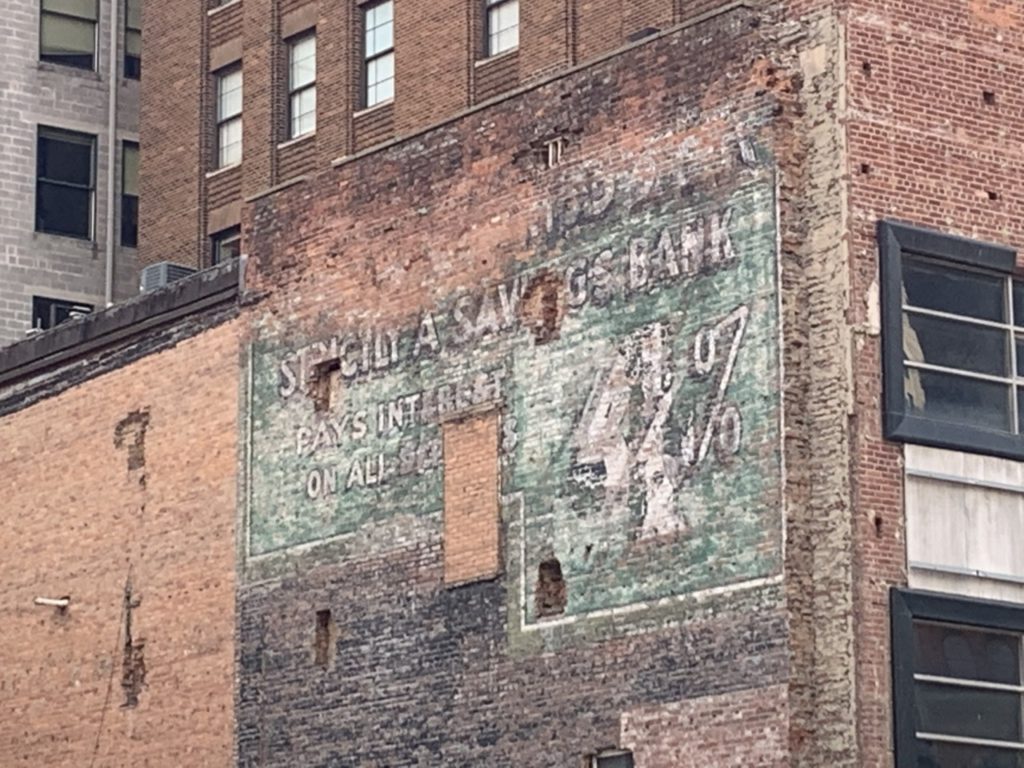 Ghost billboard in downtown Detroit, advertising 4% interest on bank deposits (Joel Pollak / Breitbart News)
