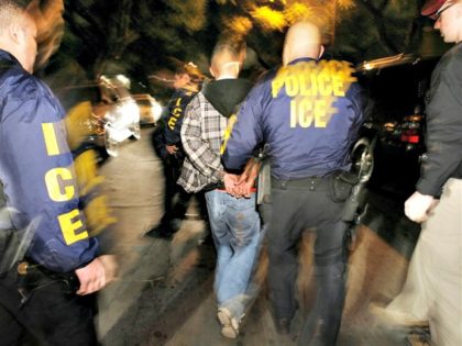 Immigration and Customs Enforcement (ICE) officers arrest a suspect during a pre-dawn raid