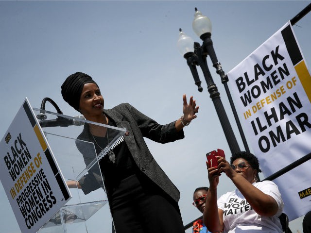 Rep. Ilhan Omar (D-MN) speaks at an event outside the U.S. Capitol April 30, 2019 in Washington, DC. Omar and others called for “Democratic leaders Speaker Nancy Pelosi and Senate Minority Leader Chuck Schumer censure President Trump for inciting violence against Congresswoman Ilhan Omar." (Photo by Win McNamee/Getty Images)