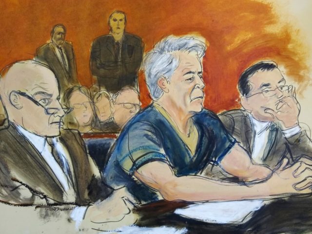 In this courtroom artist's sketch, defendant Jeffrey Epstein, center, sits with attorneys