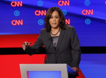 Sen. Kamala Harris, D-Calif., participates in the second of two Democratic presidential pr