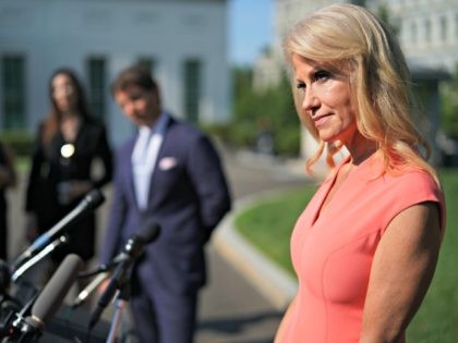 WASHINGTON, DC - JULY 02: Counselor to the President Kellyanne Conway talks to reporters outside the West Wing following a television interview with FOX News at the White House July 02, 2019 in Washington, DC. Conway berated reporters as they asked her about President Donald Trump's planned speech on the …