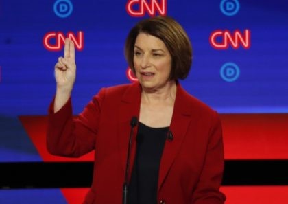 Sen. Amy Klobuchar, D-Minn., speaks during the first of two Democratic presidential primar