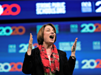 Democratic presidential candidate Sen. Amy Klobuchar, D-Minn., speaks during the National Education Association Strong Public Schools Presidential Forum Friday, July 5, 2019, in Houston. (AP Photo/David J. Phillip)