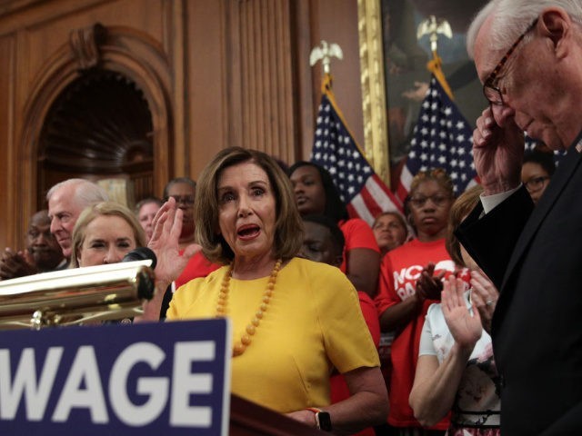 WASHINGTON, DC - JULY 18: U.S. Speaker of the House Rep. Nancy Pelosi (D-CA) speaks as House Majority Leader Rep. Steny Hoyer (D-MD) looks on during a news conference prior to a vote on the Raise the Wage Act July 18, 2019 at the U.S. Capitol in Washington, DC. The …