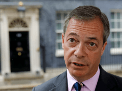 Brexit Party leader Nigel Farage talks to members of the media after delivering a letter addressed to Britain's Prime Minister Theresa May, outside 10 Downing Street in central London on June 7, 2019. - Anti-EU populist Nigel Farage's new Brexit Party failed in its bid to win its first seat …