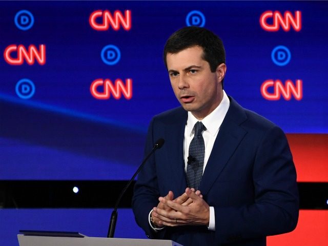Democratic presidential hopeful Mayor of South Bend, Indiana, Pete Buttigieg delivers his closing statement during the first round of the second Democratic primary debate of the 2020 presidential campaign season hosted by CNN at the Fox Theatre in Detroit, Michigan on July 30, 2019. (Photo by Brendan Smialowski / AFP) …
