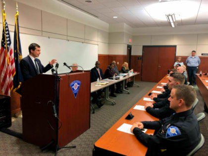 Democratic Presidential candidate and South Bend, Indiana Mayor Pete Buttigieg addresses newly sworn police officers during a ceremony Wednesday, June 19, 2019, at the South Bend Police Department. Buttigieg is telling officers after a fatal police shooting that they must activate their body cameras during any interaction with civilians. (AP …