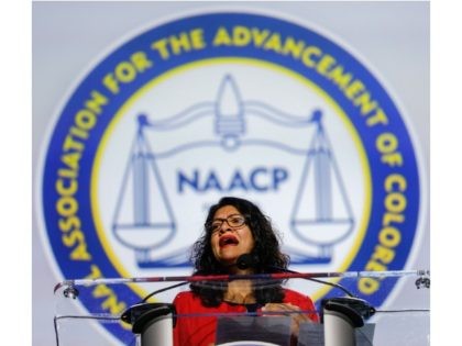 DETROIT, MI - JULY 22: U.S. Rep. Rashida Tlaib (D-MI) speaks at the opening plenary session of the NAACP 110th National Convention at the COBO Center on July 22, 2019 in Detroit, Michigan. The convention is from July 20 to July 24 with the theme of, "When We Fight, We …