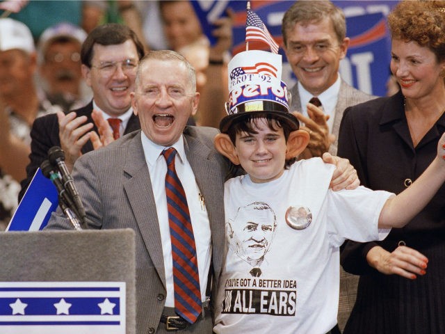 Ross Perot shares a laugh with 12-year-old supporter Kevin Grace, of Port Richey, Fla., fo
