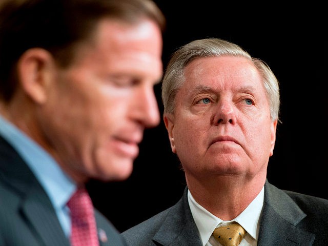 US Senator Lindsey Graham (R), R-South Carolina, and US Senator Richard Blumenthal (L), D-