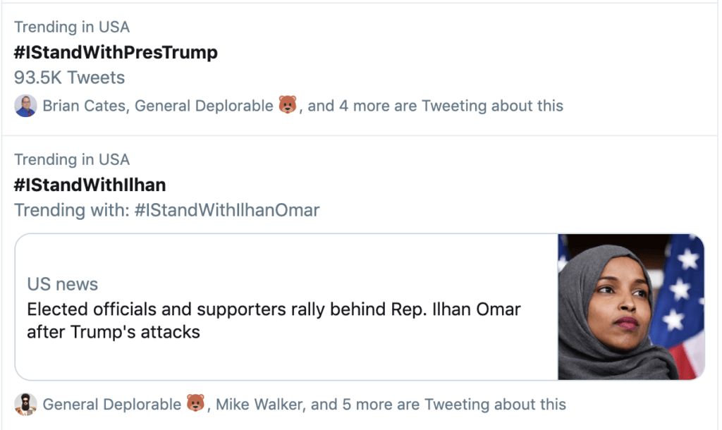 Stand with Trump and Stand with Ilhan trending on Twitter
