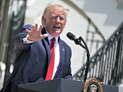 WASHINGTON, DC - JULY 15: U.S. President Donald Trump takes questions from reporters during his 'Made In America' product showcase at the White House July 15, 2019 in Washington, DC. Trump talked with American business owners during the 3rd annual showcase, one day after Tweeting that four Democratic congresswomen of …
