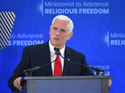 US Vice President Mike Pence speaks during the second Ministerial to Advance Religious Freedom in the Loy Henderson Auditorium of the State Department in Washington, DC, on July 18, 2019. - Pence said Thursday that the US is imposing sanctions on the leaders of two Iranian-linked militia groups in Iraq. …
