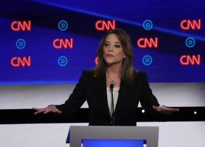 DETROIT, MICHIGAN - JULY 30: Democratic presidential candidate Marianne Williamson speaks during the Democratic Presidential Debate at the Fox Theatre July 30, 2019 in Detroit, Michigan. 20 Democratic presidential candidates were split into two groups of 10 to take part in the debate sponsored by CNN held over two nights …