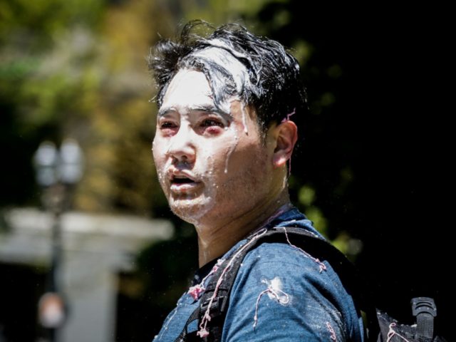 PORTLAND, OR - JUNE 29: Andy Ngo, a Portland-based journalist, is seen covered in unknown substance after unidentified Rose City Antifa members attacked him on June 29, 2019 in Portland, Oregon. Several groups from the left and right clashed after competing demonstrations at Pioneer Square, Chapman Square, and Waterfront Park …