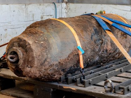 A defused WWII bomb, after 16,000 people were evacuated due to the defusing of the bomb near the European Central Bank in Frankfurt, Germany, Sunday, July 7, 2019. The bomb was discovered during construction work. (AP Photo/Michael Probst)