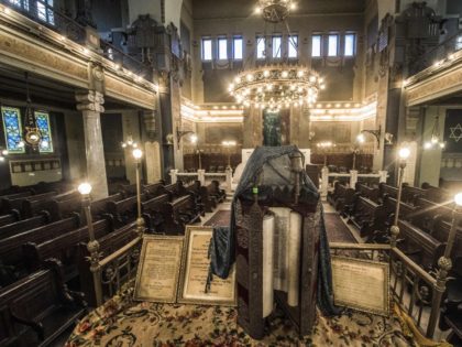 A picture taken on October 3, 2016 shows a general view of the Torah scrolls at the Shaar Hashamayim Synagogue in Cairo, also known as Temple Ismailia or Adly Synagogue. Once a flourishing community, only a handful of Egyptian Jews, mostly elderly women, is all that remains in the Arab …
