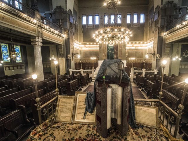 A picture taken on October 3, 2016 shows a general view of the Torah scrolls at the Shaar