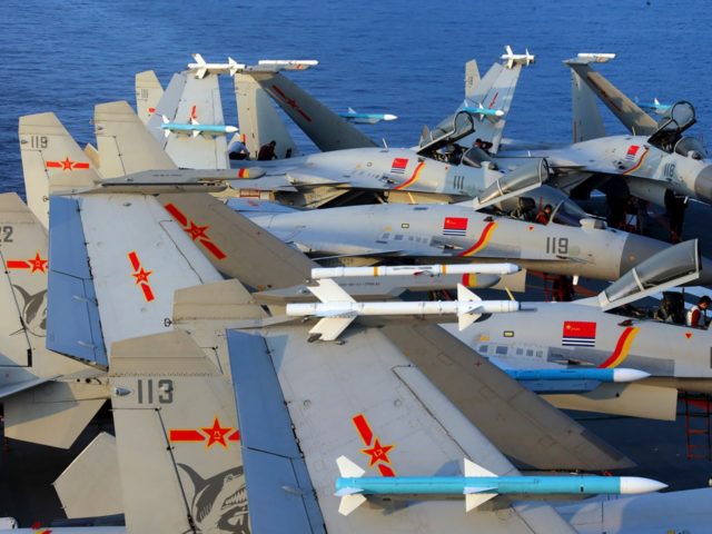 This undated photo taken in April 2018 shows J15 fighter jets on China's sole operational