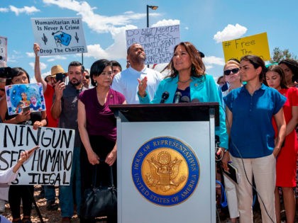 US Representative Veronica Escobar (D-TX) speaks during a press conference following a tou