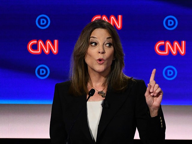 Democratic presidential hopeful US author and writer Marianne Williamson delivers her clos