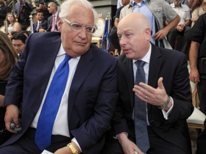 US Ambassador to David Friedman (L) speaks with White House Middle East envoy Jason Greenblatt during the opening of an ancient road at the City of David archaeological and tourist site in the Palestinian neighbourhood of Silwan in east Jerusalem on June 30, 2019. - White House adviser Jason Greenblatt …