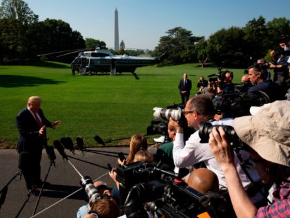 US President Donald Trump speaks to the media prior to departing from the South Lawn of the White House in Washington, DC, July 30, 2019, as he travels to the 400th anniversary of Jamestown. (Photo by Alastair Pike / AFP) (Photo credit should read ALASTAIR PIKE/AFP/Getty Images)