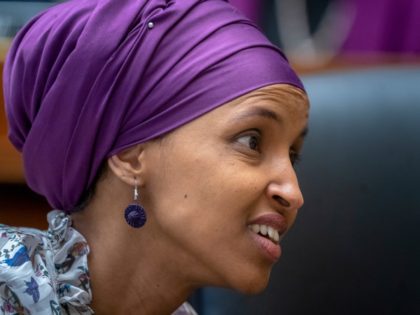 Rep. Ilhan Omar, D-Minn., sits with fellow Democrats on the House Education and Labor Comm