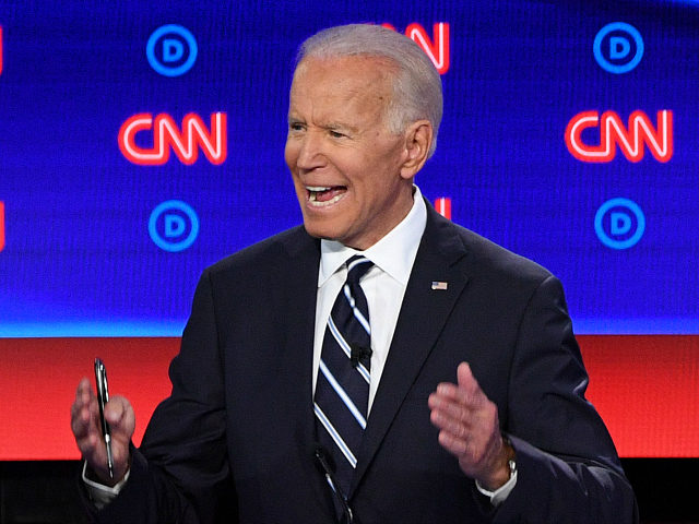 Democratic presidential hopeful Former Vice President Joe Biden gestures as he speaks during the second round of the second Democratic primary debate of the 2020 presidential campaign season hosted by CNN at the Fox Theatre in Detroit, Michigan on July 31, 2019. (Photo by Jim WATSON / AFP) (Photo credit …