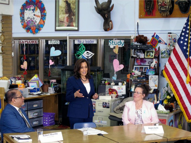 California Sen. Kamala Harris talks to teachers during an education round-table at Eagle V