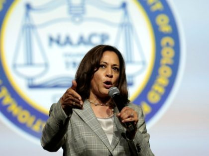 Democratic presidential hopeful Kamala Harris addresses the Presidential Forum at the NAACP's 110th National Convention at Cobo Center on July 24, 2019, in Detroit, Michigan. (Photo by JEFF KOWALSKY / AFP) (Photo credit should read JEFF KOWALSKY/AFP/Getty Images)
