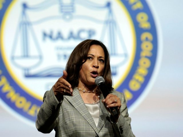 Democratic presidential hopeful Kamala Harris addresses the Presidential Forum at the NAAC