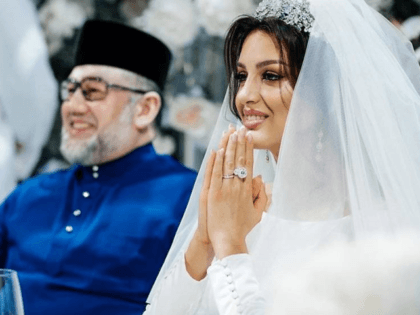 Sultan of Kelantan Muhammad V (left) and his ex-wife Rihana Oxana Gorbatenko at their wedding. (Photo: Instagram / rihannapetra)