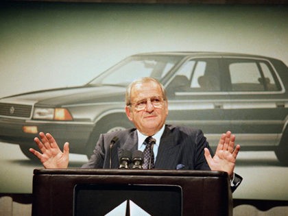 FILE - In this Feb. 2, 1989, file photo, Chrysler Corp. Chairman Lee Iacocca gestures whil