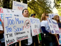 Opponents of a proposal to makes changes to the sex education guidance for teachers, rallied at the Capitol Wednesday, May 8, 2019, in Sacramento, Calif. The California State Board of Education is set to vote Wednesday on new guidance for teaching sex education in public schools. The guidance is not …